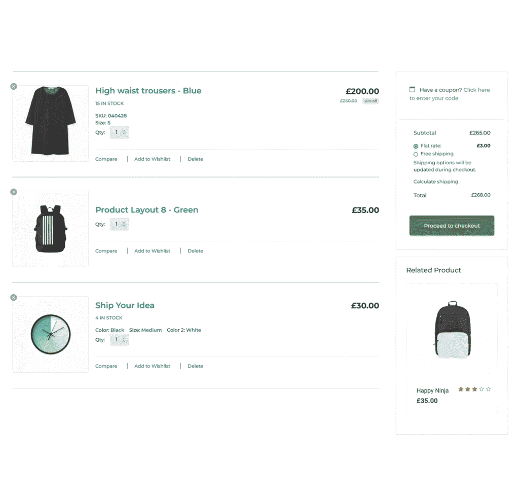 Cart layout with three horizontally listed products and a green-accented summary box on the right, including subtotal, shipping, and a green 'Proceed to Checkout' button.