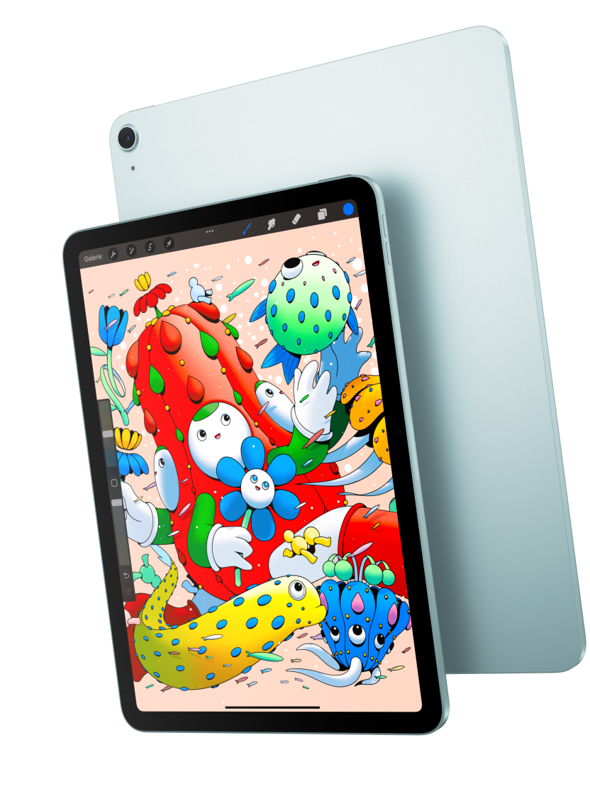 Vue avant d’un iPad Air 11 pouces affichant Procreate, superposé au dos d’un iPad Air bleu