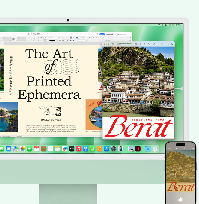 綠色 iMac 與 iPhone 並排展示。用 iPhone 掃描的文件顯示在 iMac 螢幕上