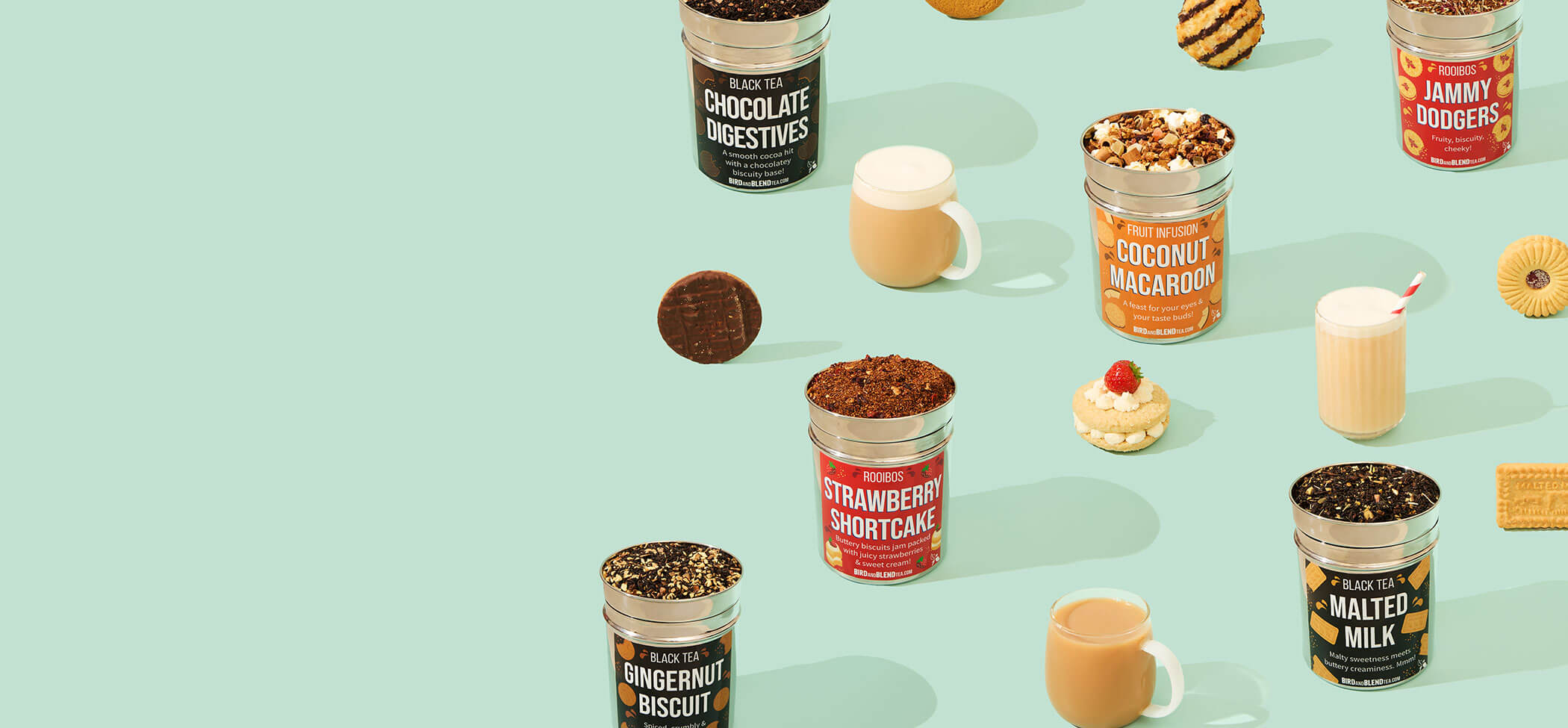 tea and biscuit desktop banner with tins and biscuits