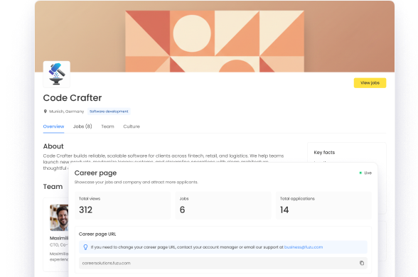 Branded career page with your own web address, where all your jobs appear automatically. Add your logo, visuals, and brand story to share your culture and values with talent.