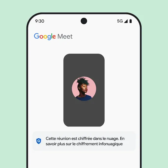 Une image de l'écran d'un téléphone intelligent avec Google Meet ouvert, affichant un message sous la réunion qui fournit des informations sur le chiffrement dans le nuage.