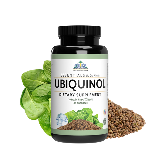 Image of a bottle of Essentials Ubiquinol. Around the bottle are lentils, spinach, and an orange slice.