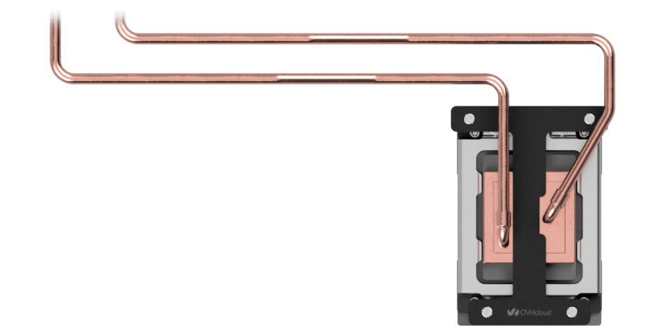 OVHcloud copper water cooling block with dual CPU cold plates and rigid copper tubing
