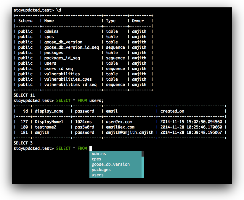 Screenshot of pgcli showing SQL output and auto-completion on table names