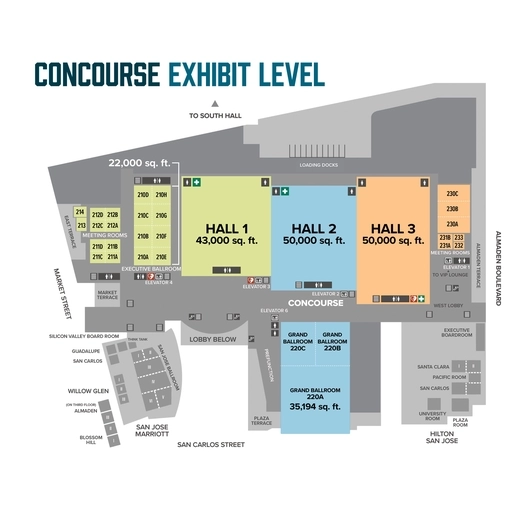 Floorplan and room specifications chart of the San Jose McEnery Convention Center Upper Level